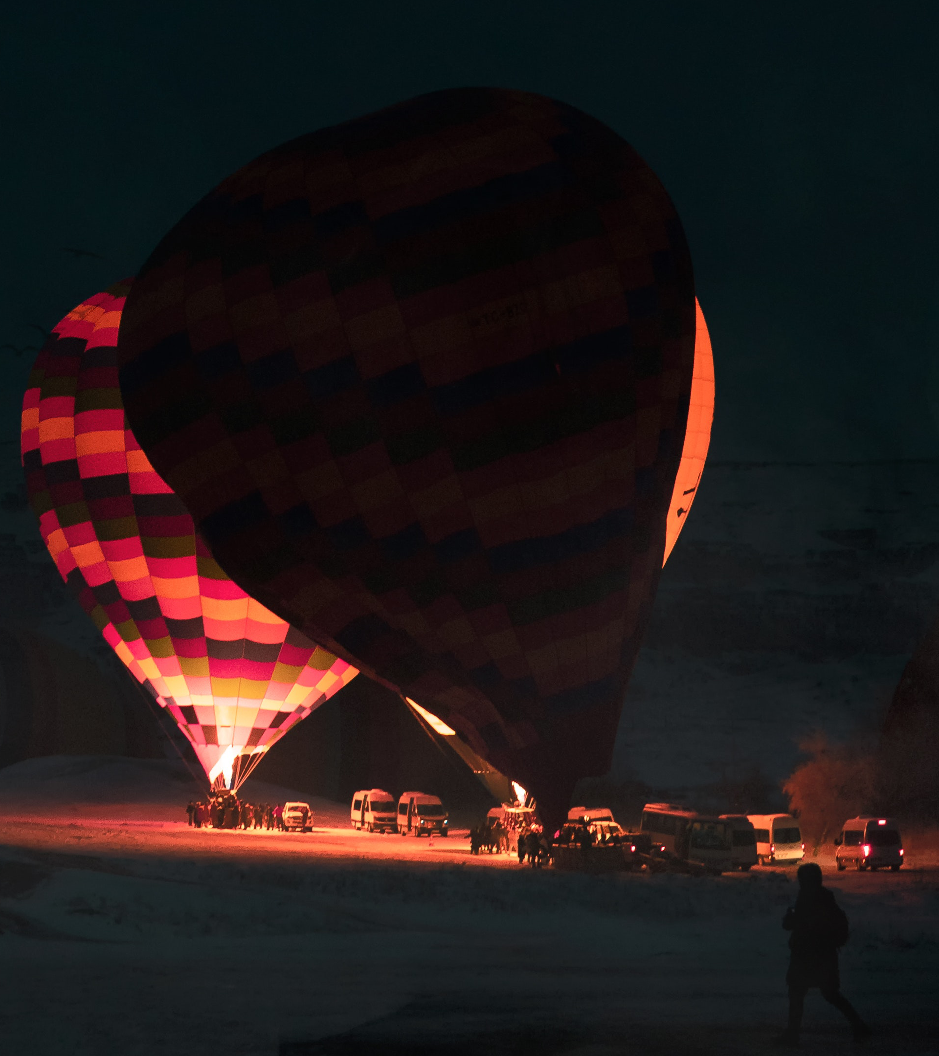 Hot air balloons, cold dark night